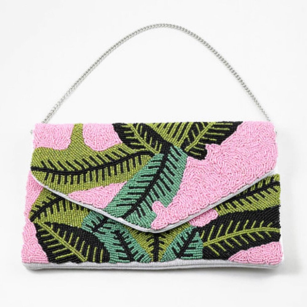 Pink Botanical Palm Leaves Seed Beaded Resort Vacation Crossbody Clutch Bag NEW